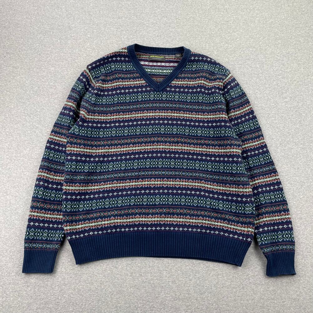 y2k John Bartlett Consensus Sweater Mens L Navy Blue Fair Isle Nordic Retro Knit